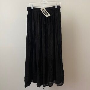 Mamta  Boho Flowy Beachy Relaxed Shabby Maxi Skirt One Size Black